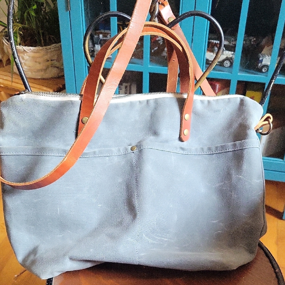 Gray and Brown Casual Tote Bag with Leather Handles